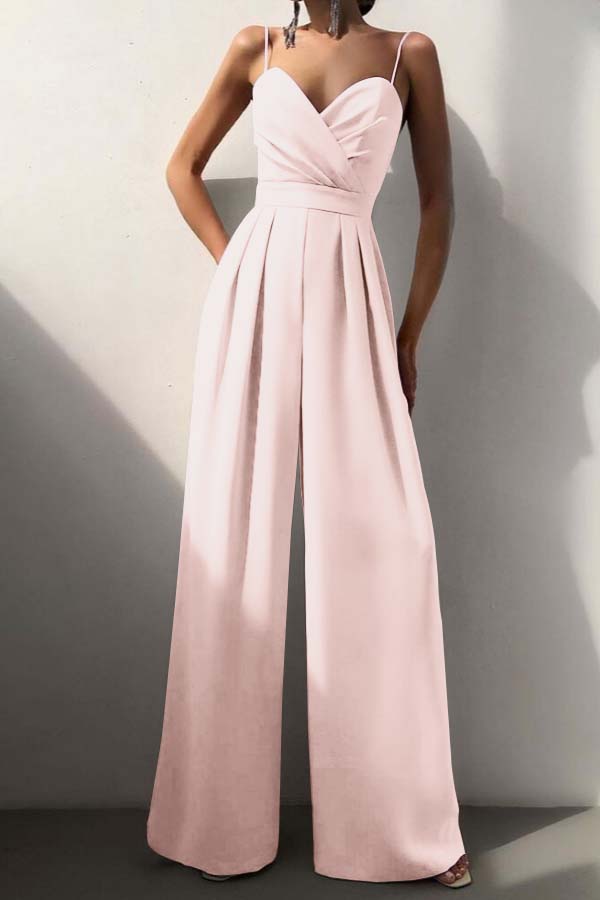 Hidais Chic Lilac Sweetheart Spaghetti Strap Sleeveless Pleated Long Wid-Leg Jumpsuit