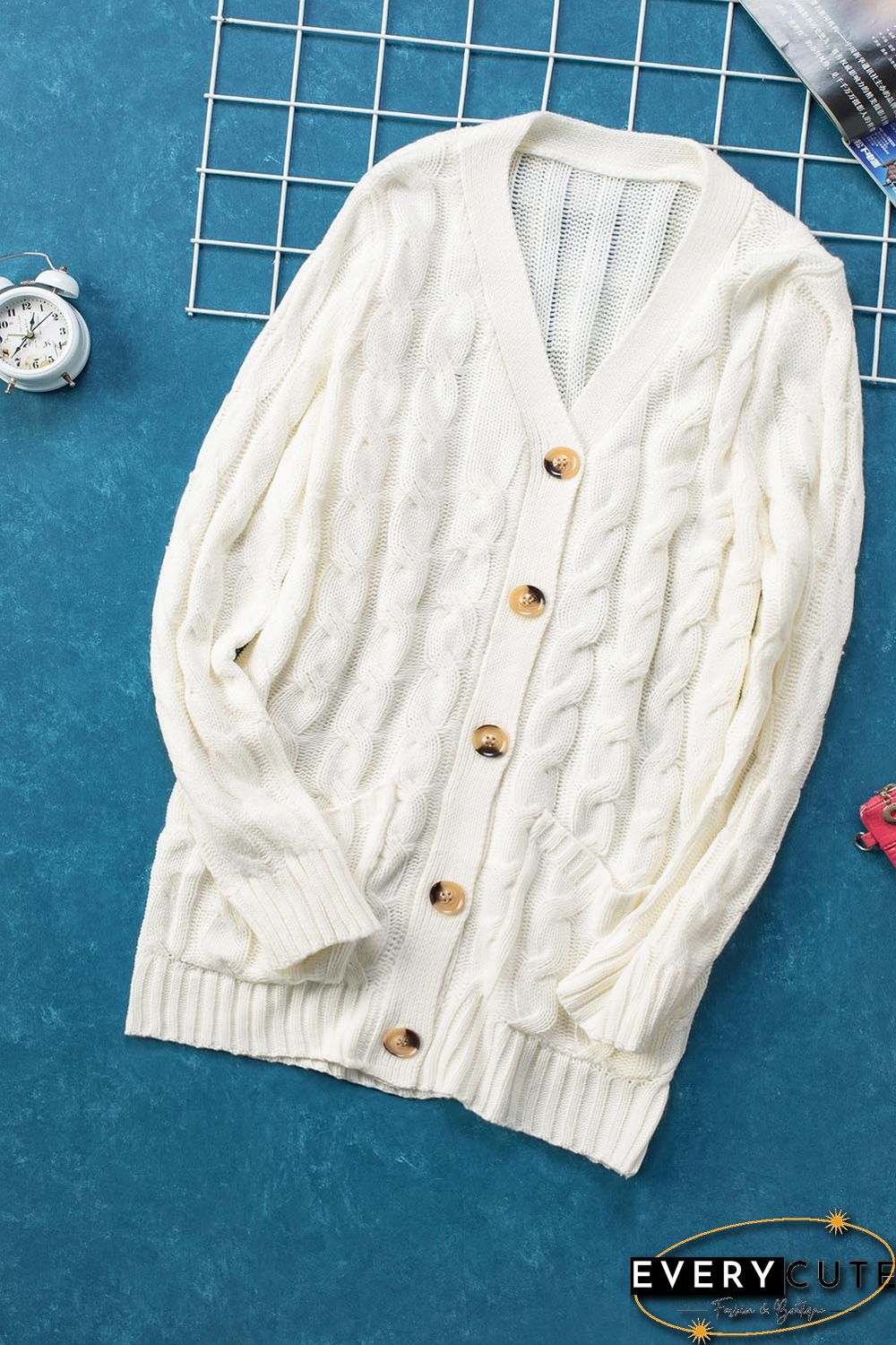 White Button Pocket Knit Cardigan