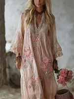 Vintage Boho Pink Roses Lace Flowy Linen Maxi Dress