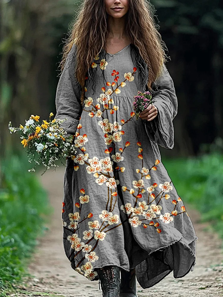 Utbros Vintage Plum Blossom Art Linen Blend Maxi Dress