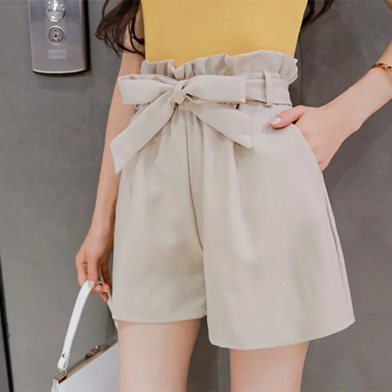 Shorts Women Korean Style Casual Chic Simple High Quality Womens All-match Loose Elastic Waist Solid Sashes Elegant Clothing