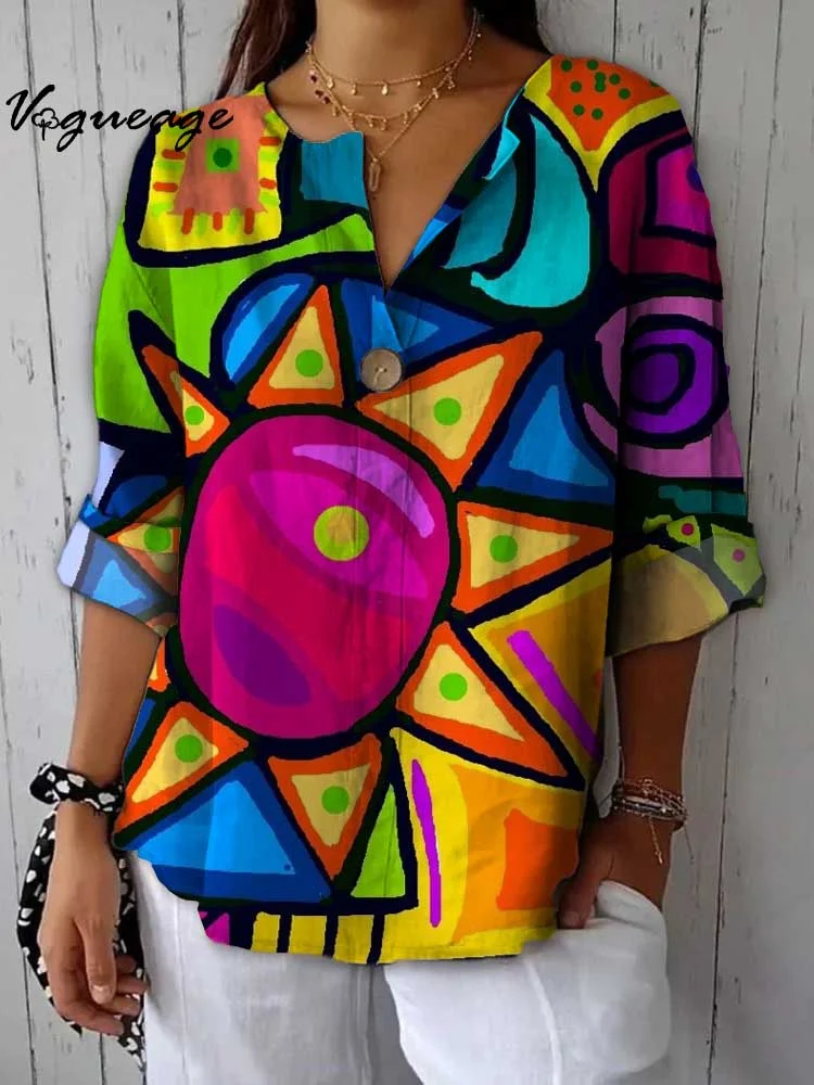 Bright And Colorful Creative Patterns Printed Cotton And Linen Shirt