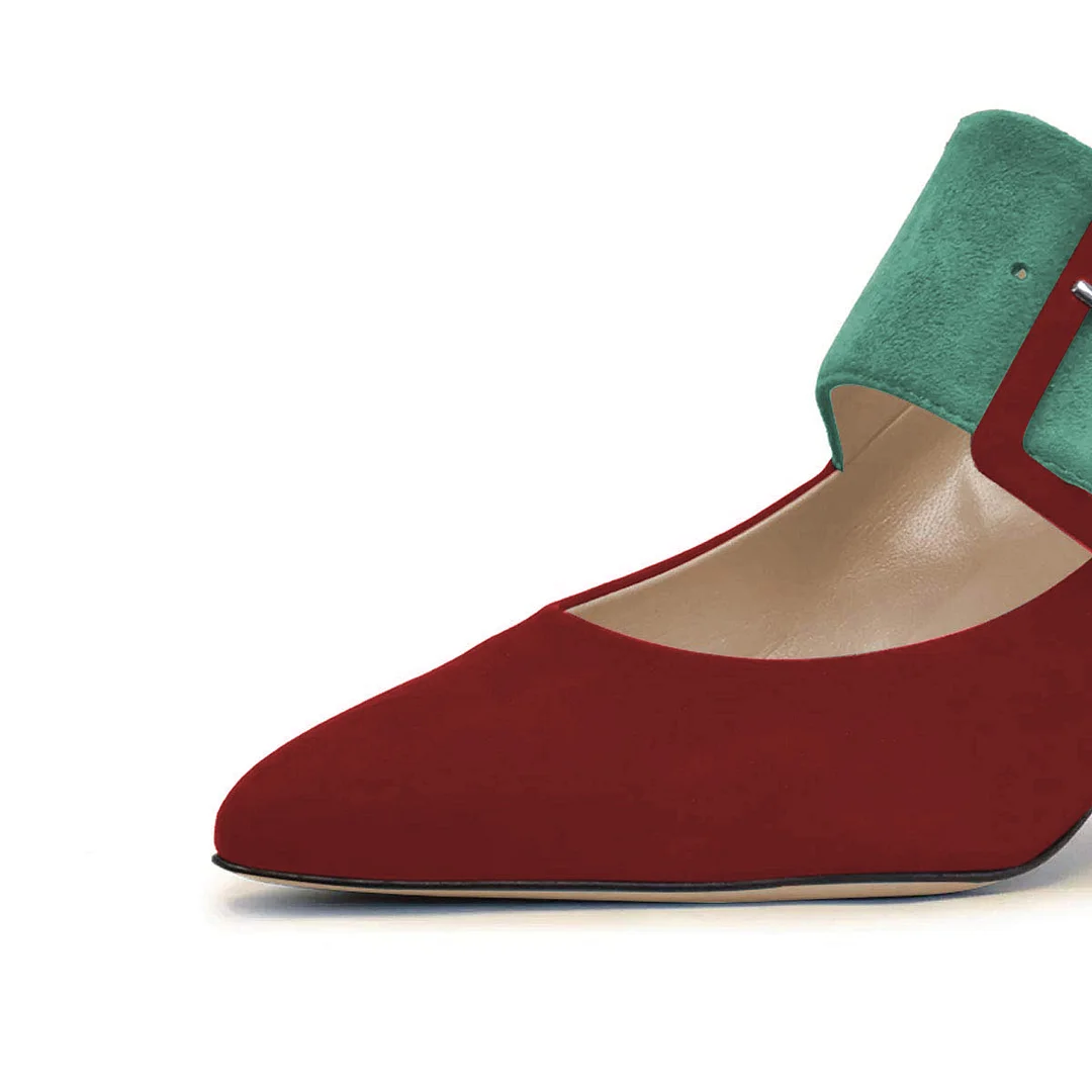 Wine Red Faux Suede Pointed Elegant Pumps with Turquoise Buckle Strap