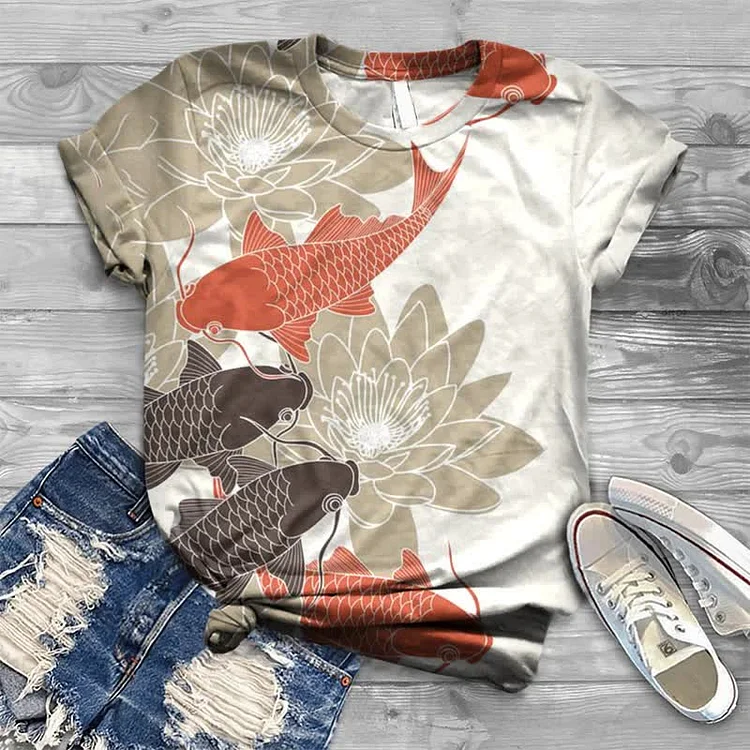 Koi Carp In Lotus Pond Japanese Print T-shirt