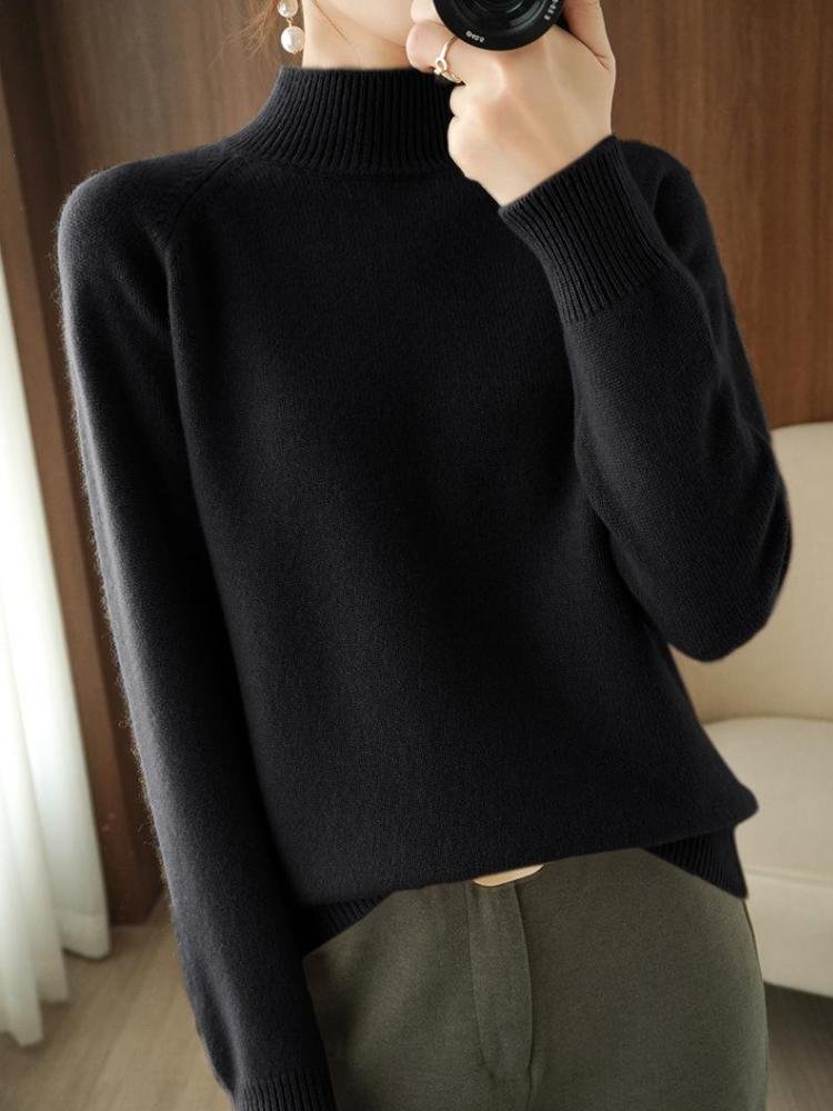 Women's Half-Turtleneck Undershirt Solid Color Wool Long Sleeve Sweater