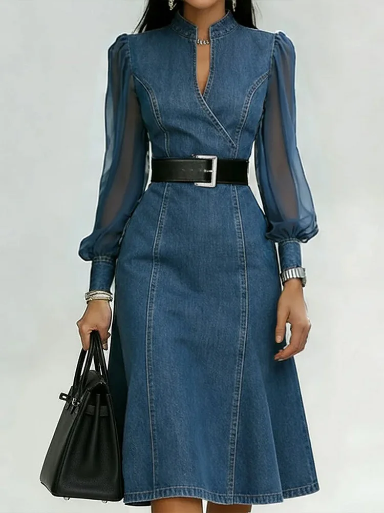 Stylish Denim Dress With Organza Sleeve Panels.