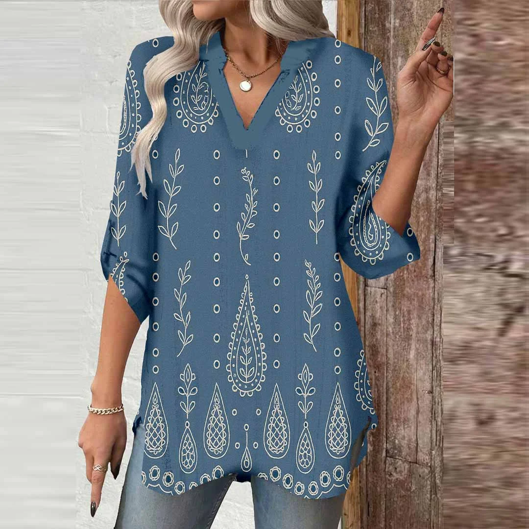 Women Paisley,Blue DZGA0314 3/4 Sleeve V-neck Printed Graphic Button Tops