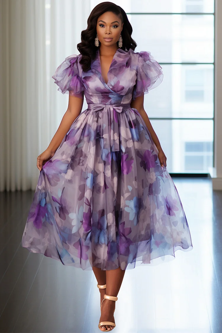 Xpluswear Design Plus Size Wedding Guest Purple Elegant Floral V Neck Short Sleeve Wrap Midi Dresses [Pre-Order]
