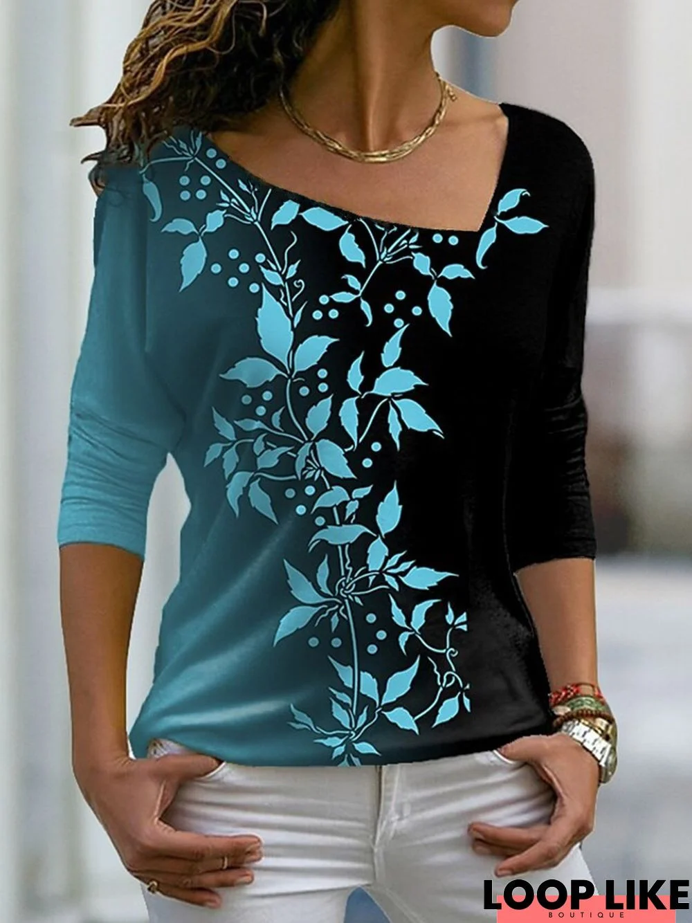 Women Casual Leaf Autumn V neck Daily Loose Jersey Best Sell Regular T-shirt