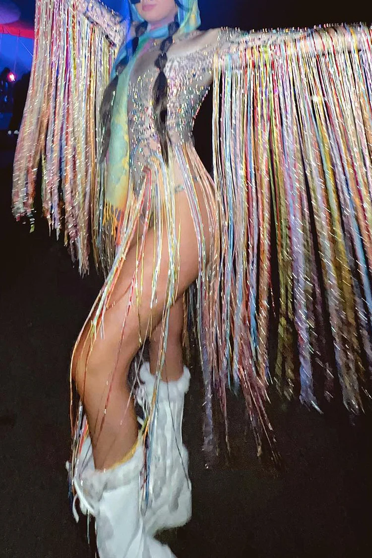 Plus Size Multicolor Party Sequin Fringe Rainbow Bodysuits 