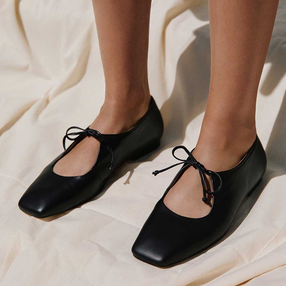 Black Vegan Leather Square Toe Flat Lace Up Ballet Shoes Nicepairs