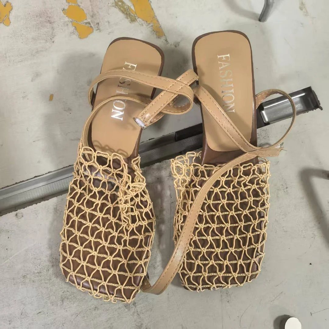Yyvonne Fashion Retro Weaving Emptiness Square Head Coarse Heel Casual High-Heeled Women's Sandals In The Summer Of 2025