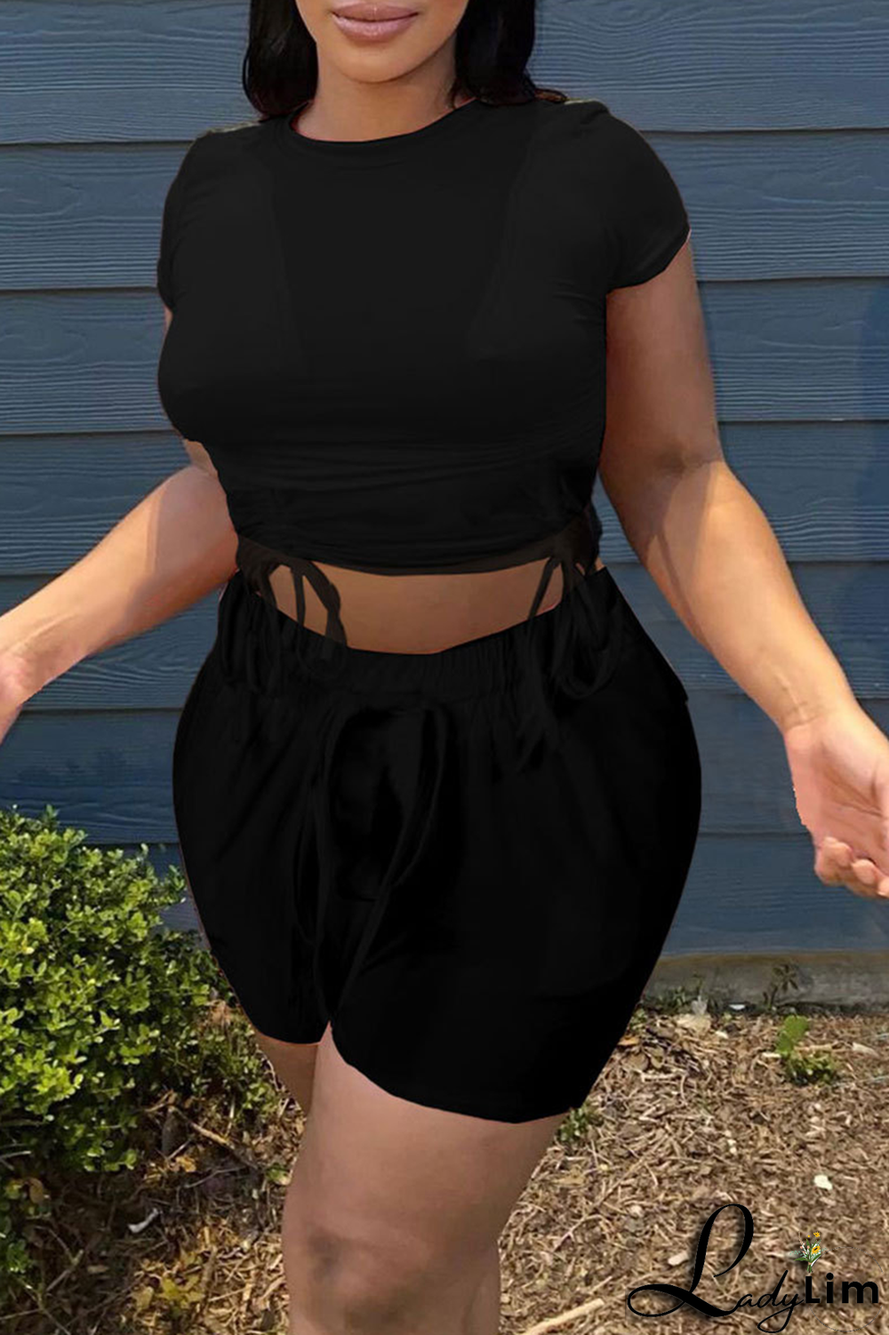 Rose Red Fashion Solid Draw String O Neck Short Sleeve Two Pieces