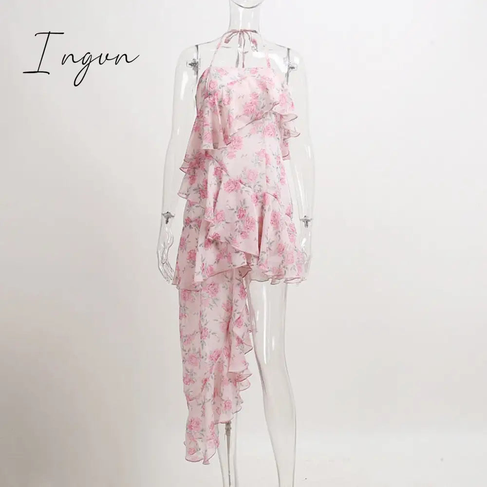 Ingvn - Elegant Party Dresses Y2K Sexy Halter Sleeveless Robe Floral Print Ruffle Vintage Midi