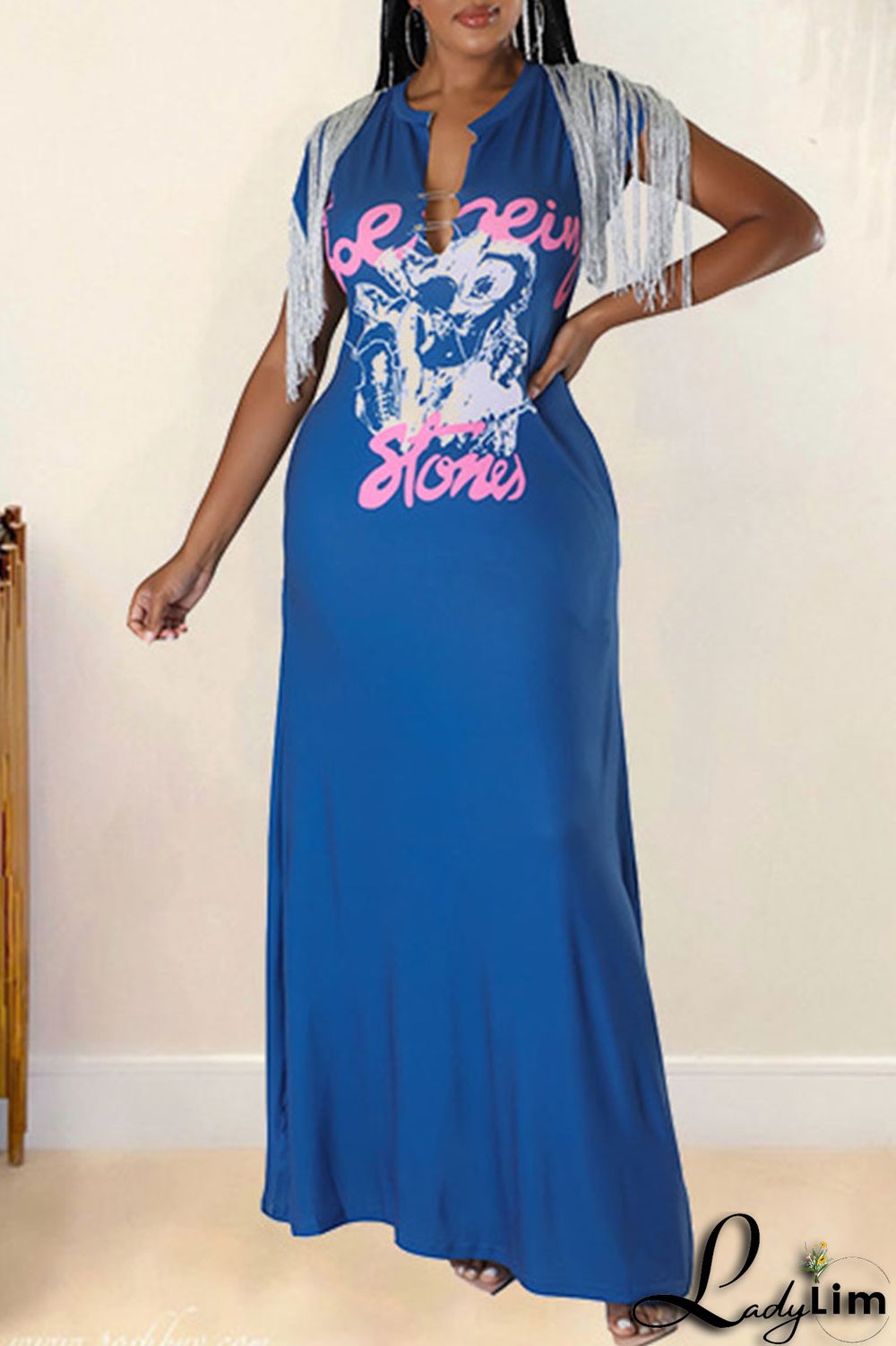 Camel Casual Street Print Tassel Patchwork V Neck Straight Dresses