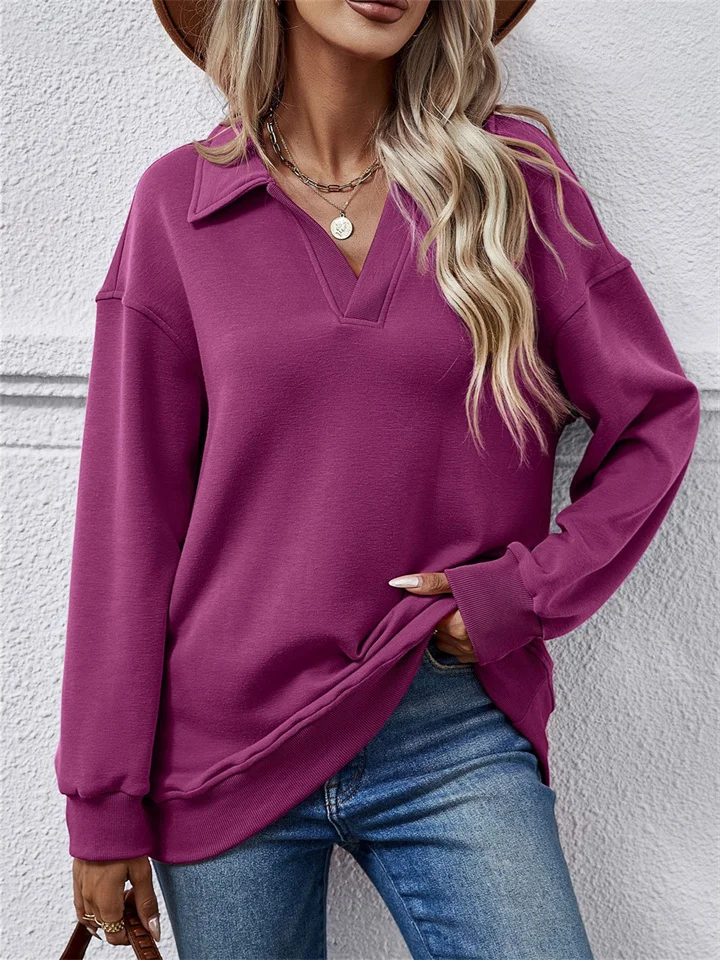 Autumn and Winter Solid Color Women's New Lapel Long-sleeved Loose Plus Velvet Temperament Commuter Sweater Ladies-Cosfine