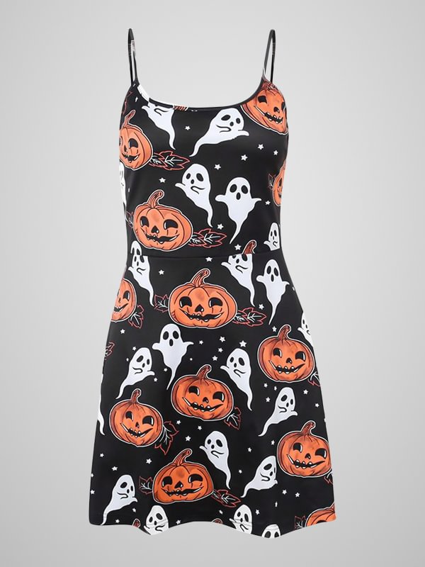 Dark Halloween Pumpkin & Ghost Graphic Printed Spaghetti Straps Skater Dress