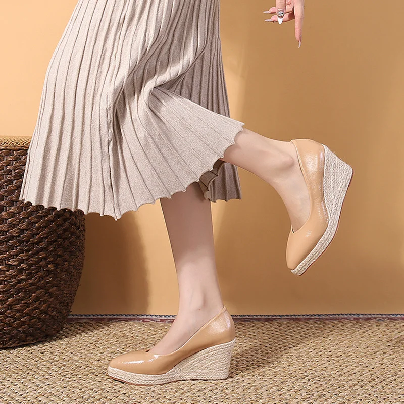 Wongn Wongn And Autumn New Fashion Slope With Shallow Single Shoes Female Platform High Heel Grass Hemp Rope Bottom