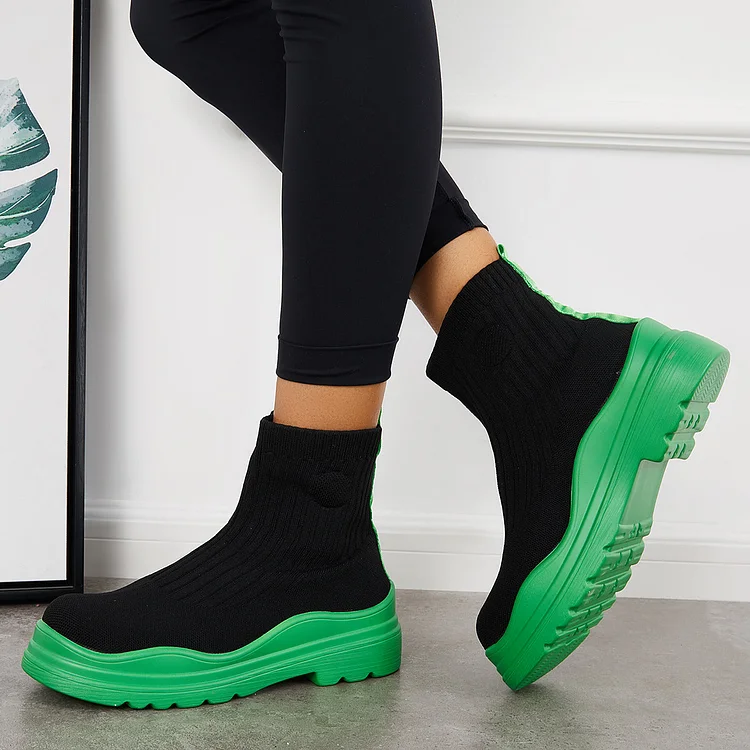 Knit Platform Lug Sole Sock Boots Stretchy Chunky Ankle Booties