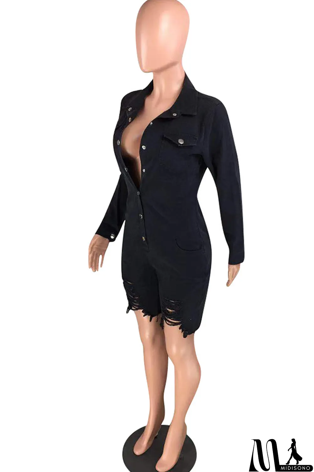 MidiSono - Black Sexy Solid Button washing Cotton Long Sleeve Turndown Collar Rompers