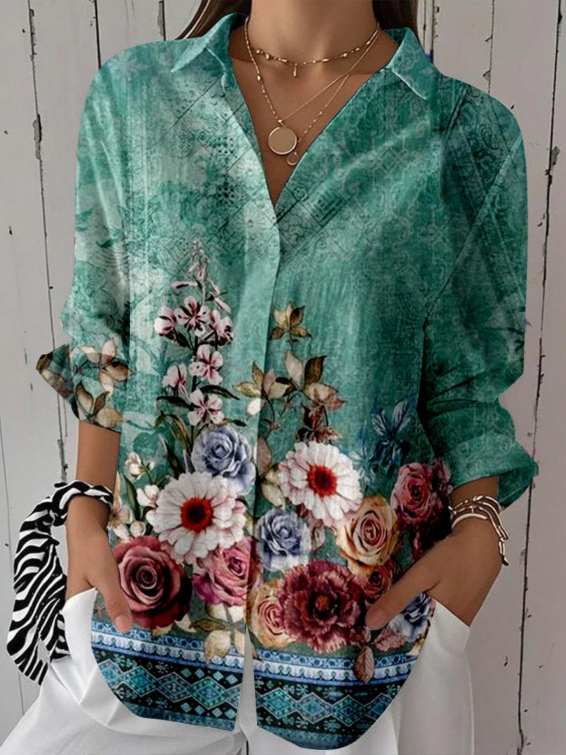 Women 3/4 Sleeve Shirt Collar Floral Printed Graphic Button Tops