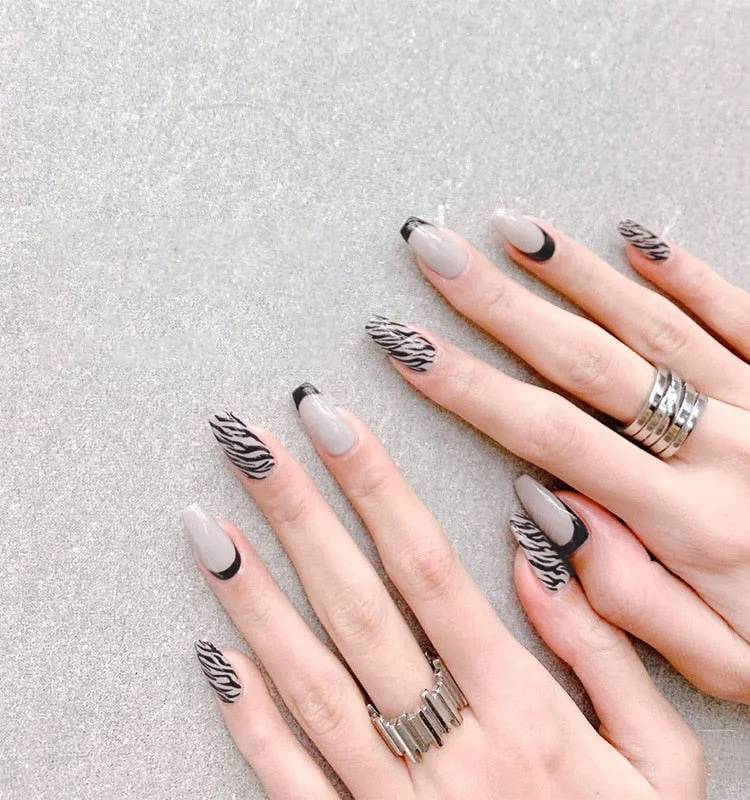 Fashion 24pc/set 10 Sizes Fake Nails Full Cover French False Nail Tips With Double-Sided Nail Adhesive Tab Press On Coffin Nail-Nail Inspo