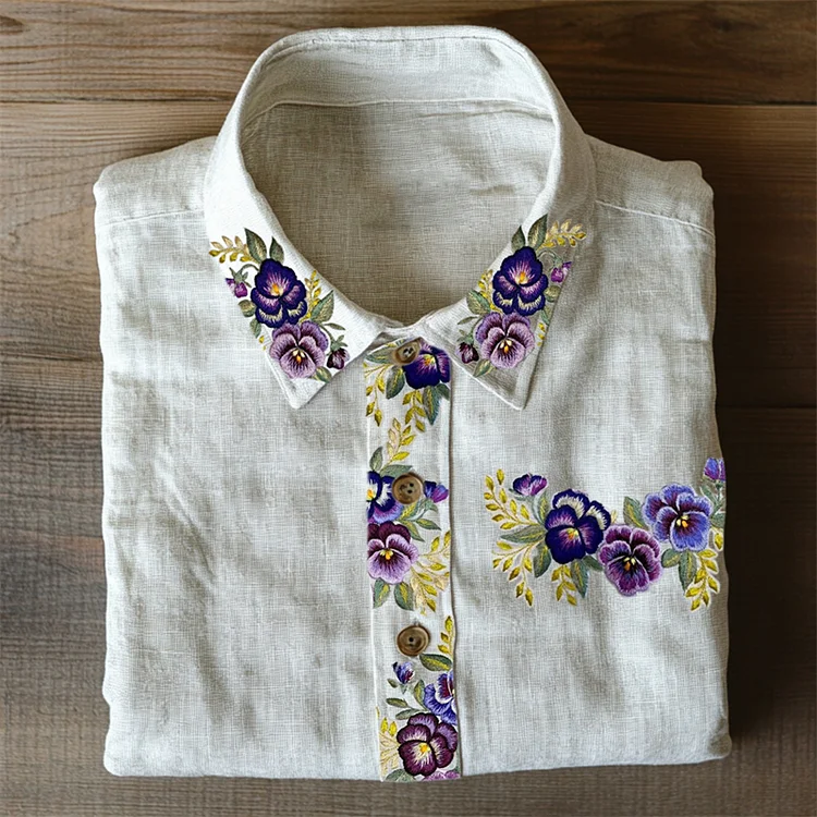 VChics Classy Pansy Floral Embroidered Linen Blend Blouse