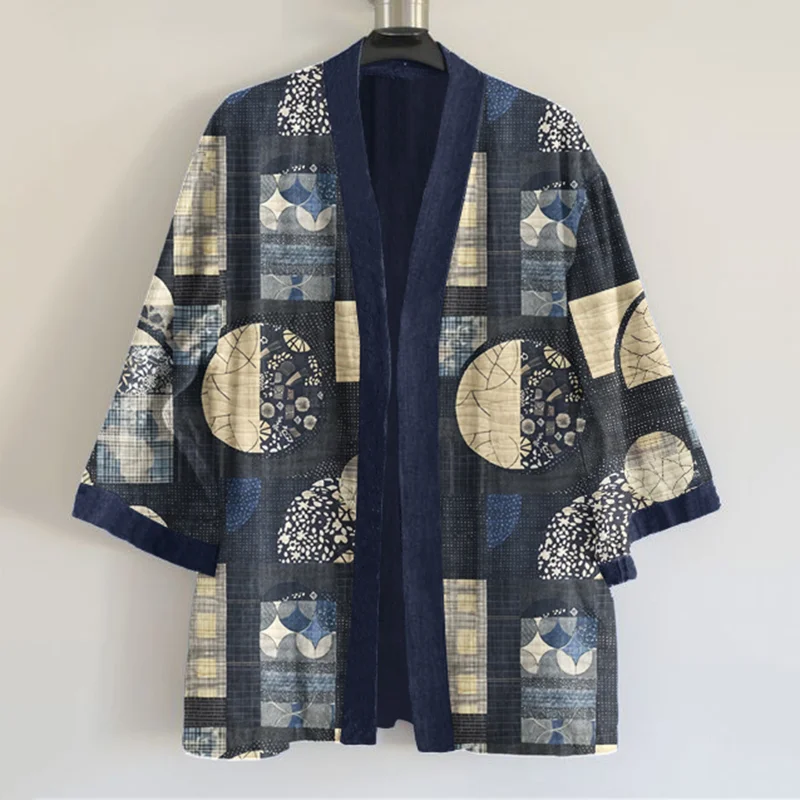 Japanese Traditional Sashiko Art Pattern Art Print Linen Blend Kimono Cardigan
