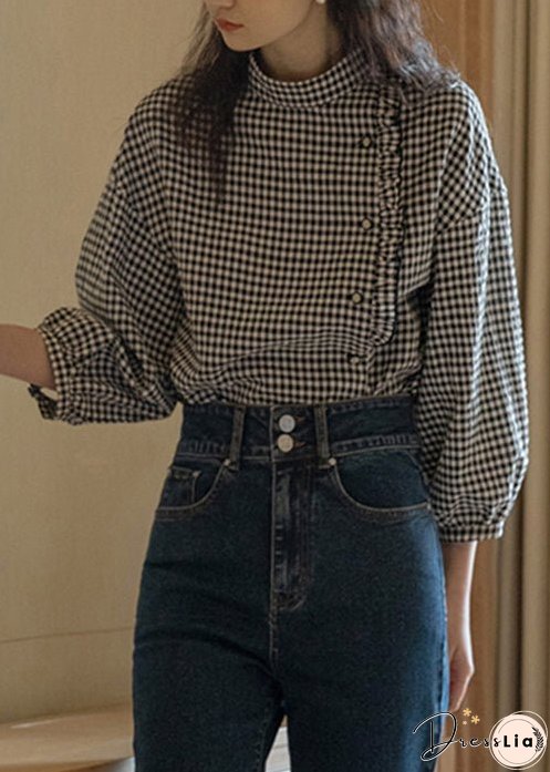 French Plaid Stand Collar Ruffled Cotton Shirt Long Sleeve
