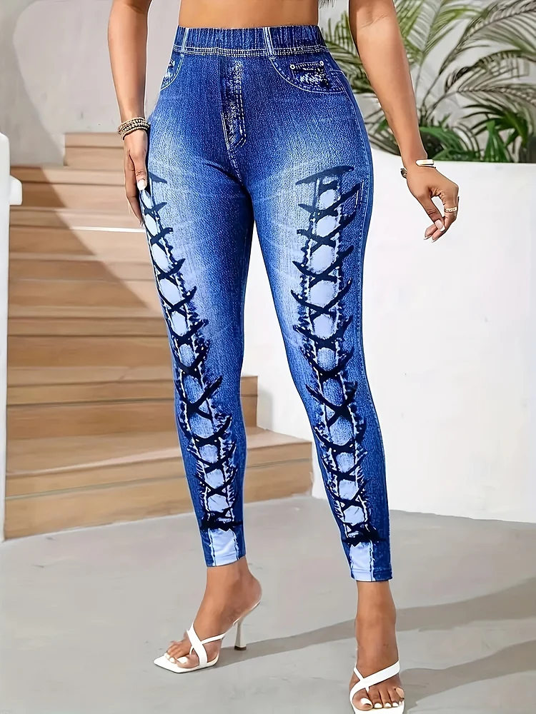 Women's High-Waisted Stretchy Polyester Leggings - Blue All-Season Faux Denim Print Slim-Fit Pants With Floral Pattern, Machine Washable For Casual & Formal Wear, High Waisted Leggings, Versatile Bottoms, Trendy Design, Durable Material, Printed Bottoms