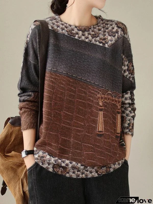 Long Sleeves Loose Printed Round-Neck Pullovers Sweater Tops