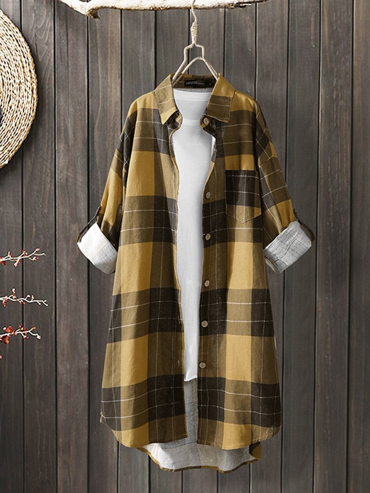 Plaid Print Button Pocket Long Sleeve Casual Blouse for Women P1803454