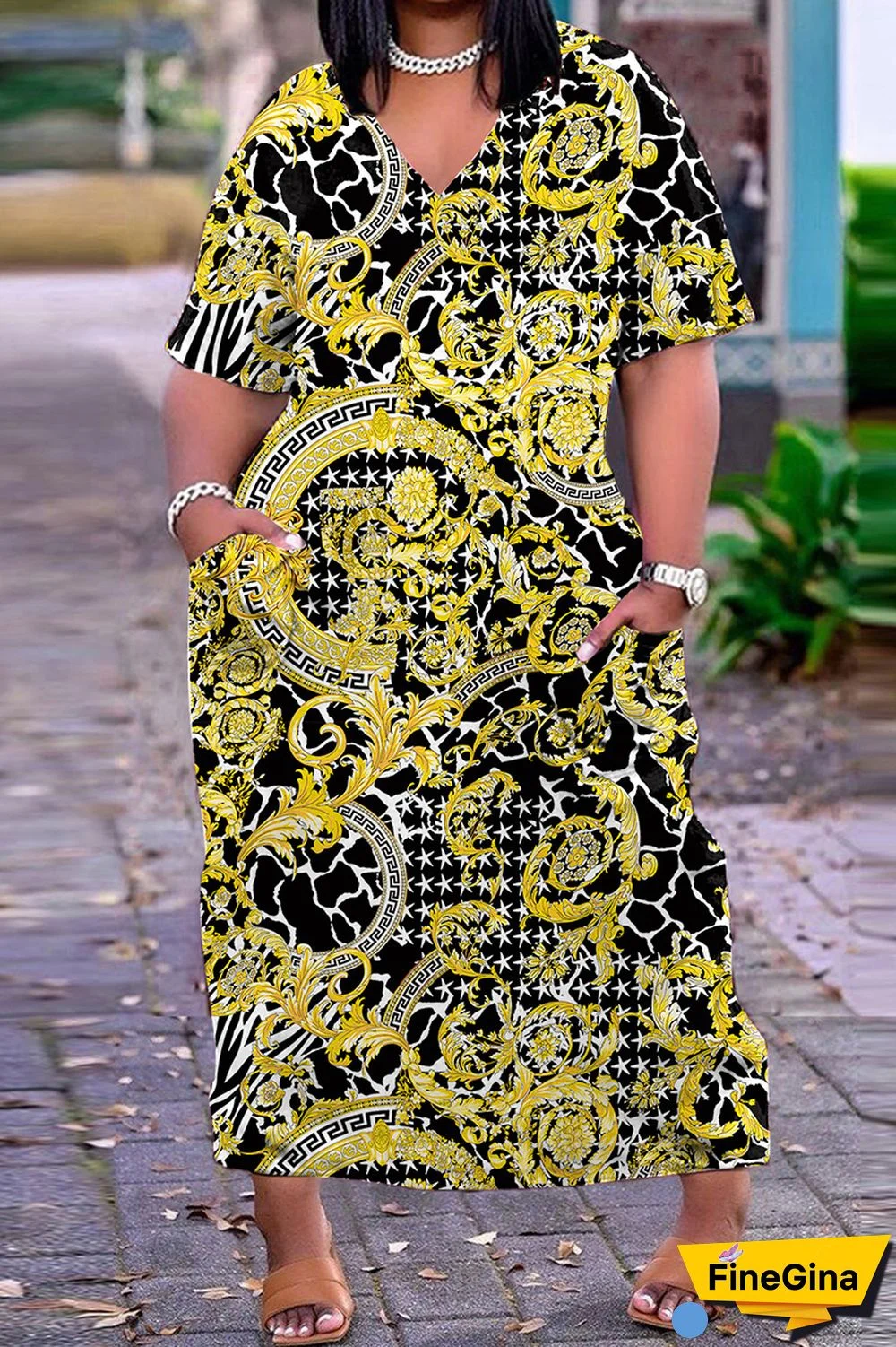 Light Blue Casual Print Patchwork V Neck Short Sleeve Dress