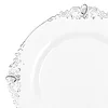 10 Pack | 8" Round Plastic Dessert Salad Plates In Vintage White, Silver Leaf Embossed Baroque Disposable Plates