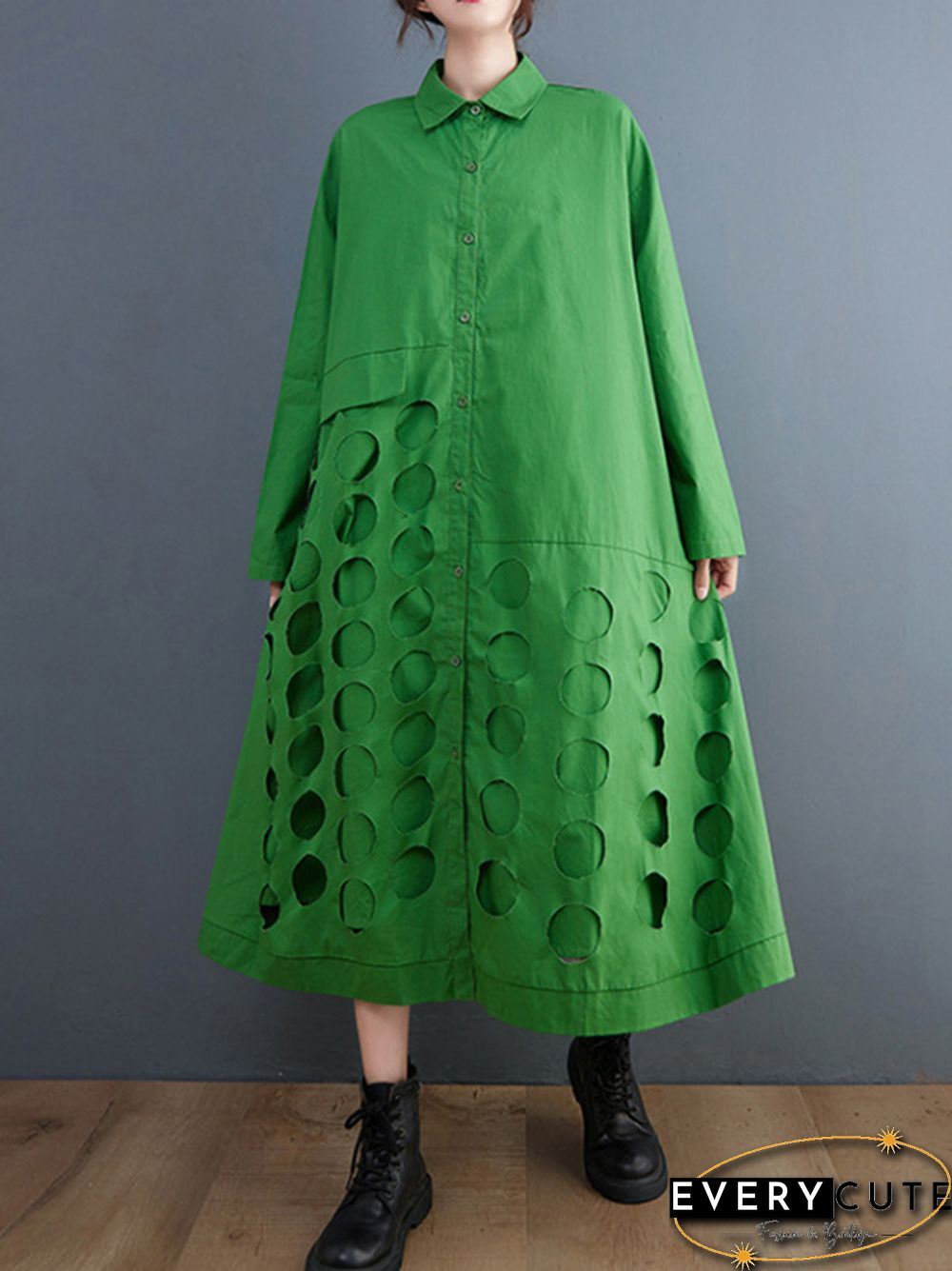 A-Line Long Sleeves Asymmetric Hollow Polka-Dot Solid Color Lapel Midi Dresses