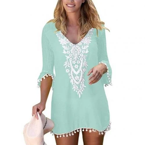 Plus Size Summer Women Beach Wear Lace Crochet Pompom Trim Bikini Cover Up Dress Sexy swimwear for summer beach party