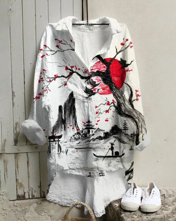 Ink Landscape Plum Blossom Print Cotton And Linen Tunic Shirt