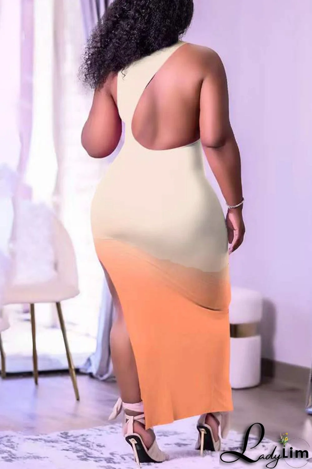 Orange Sexy Print Split Joint Slit O Neck Straight Dresses