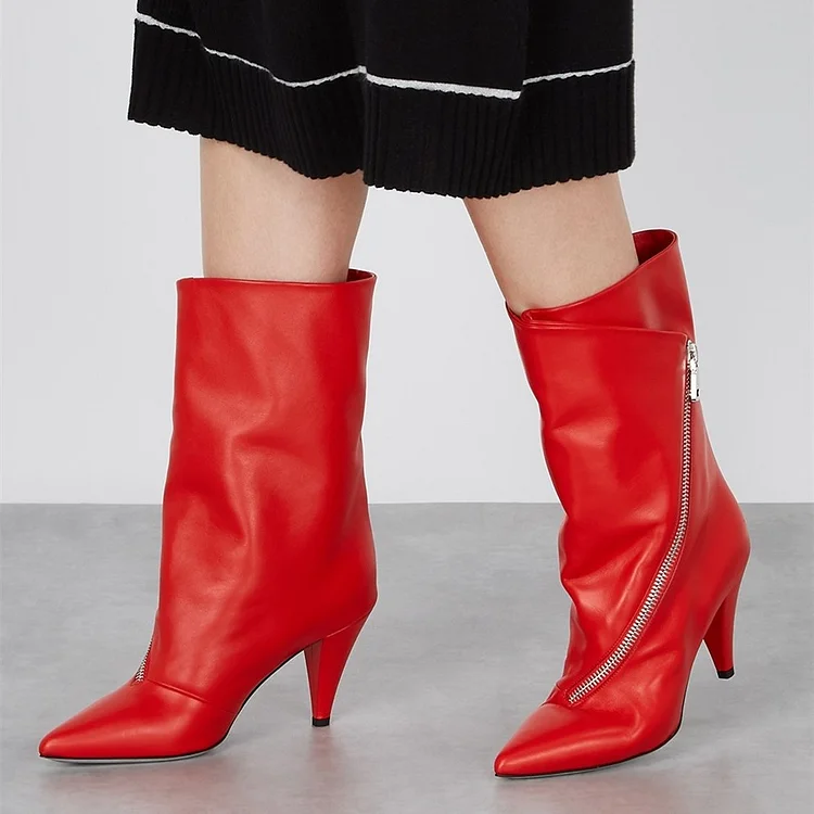 Red Ankle Boots Pointed Toe Cone Heel Boots for Women |FSJ Shoes