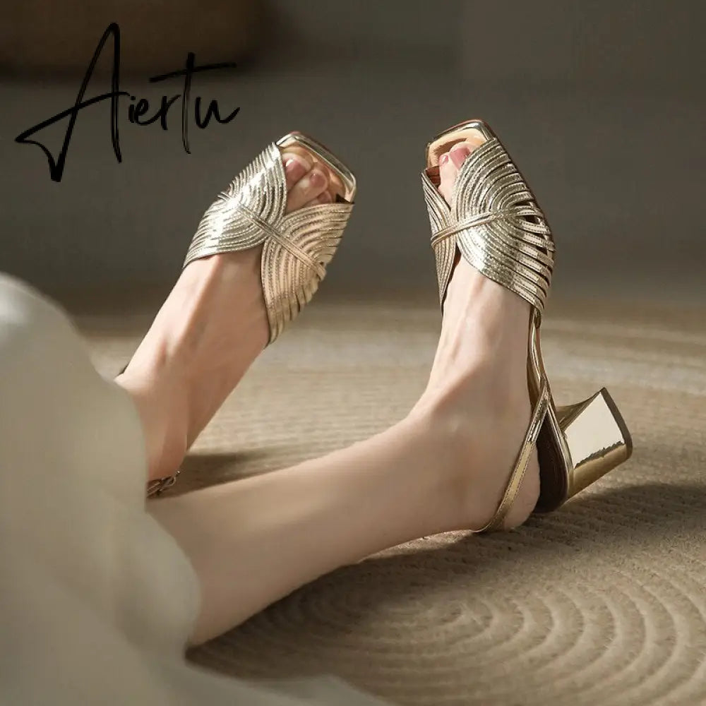NEW Summer Women Shoes Square Toe Thin Heel Women Sandals Cow Leather High Heels Solid Party Shoes Lattice Cloth Shoes for Women Aiertu