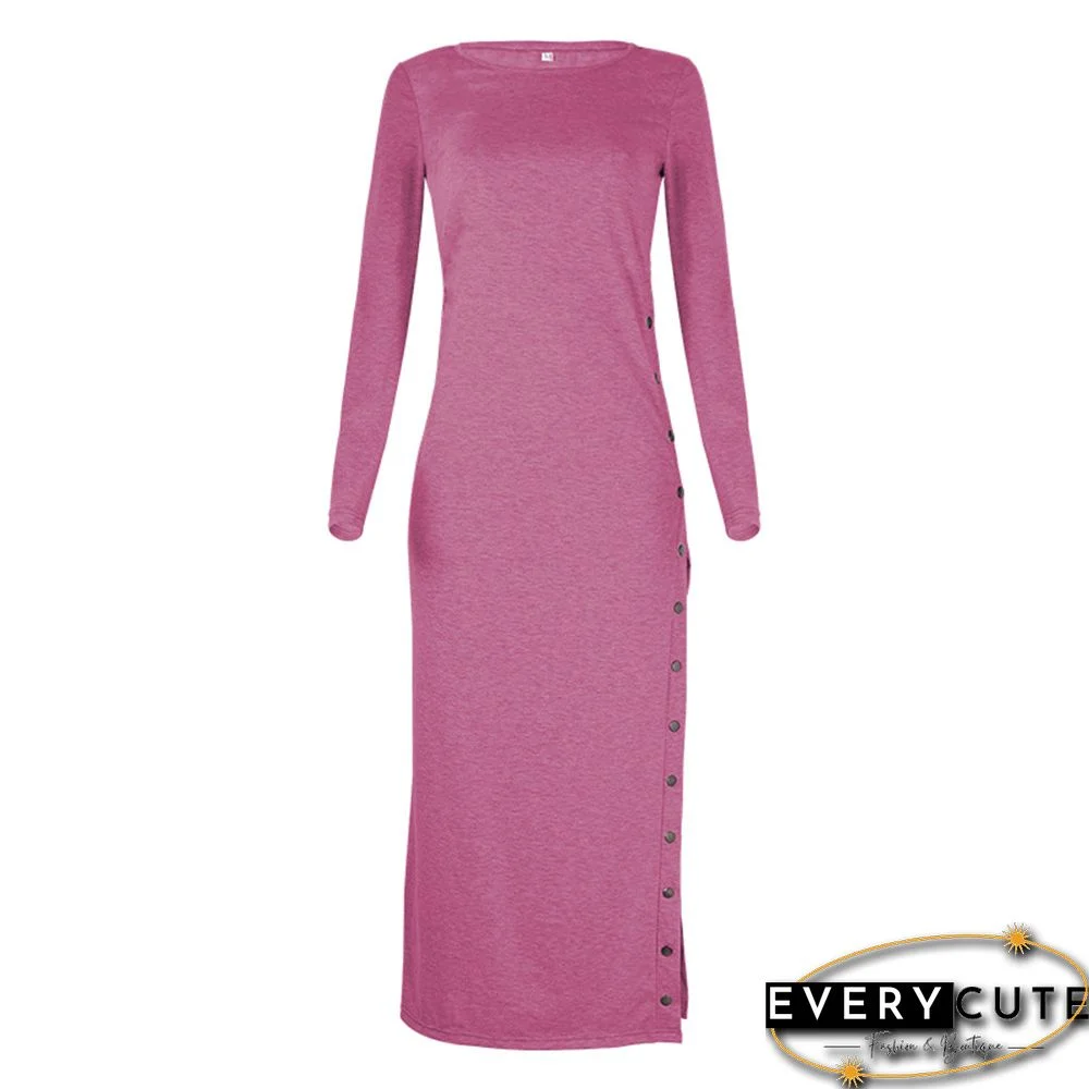 Rosy Button High Split Long Casual Dress