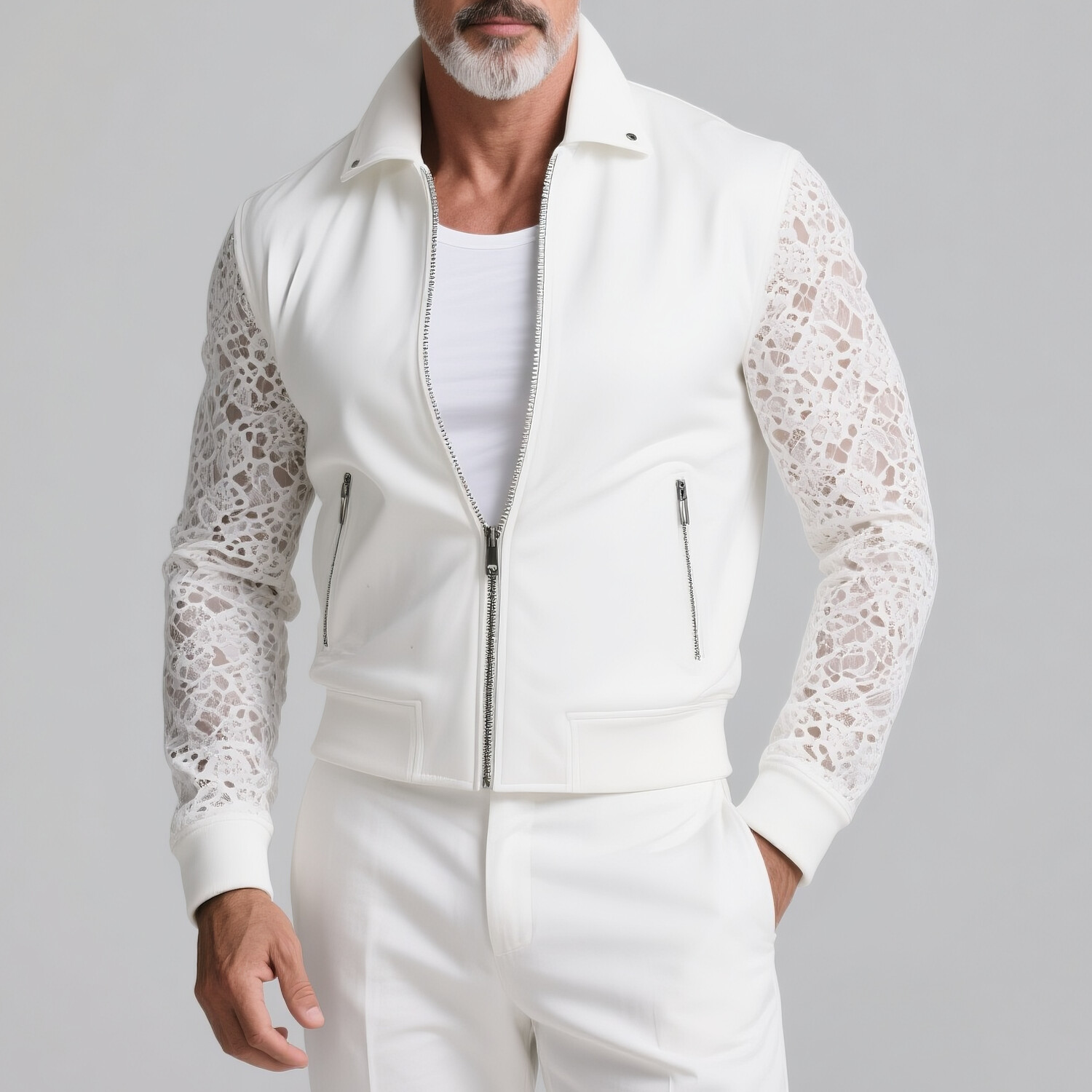 Men's Fashion Turndown Collar Sheer Lace Long Sleeves Zipper Pocket Jacket