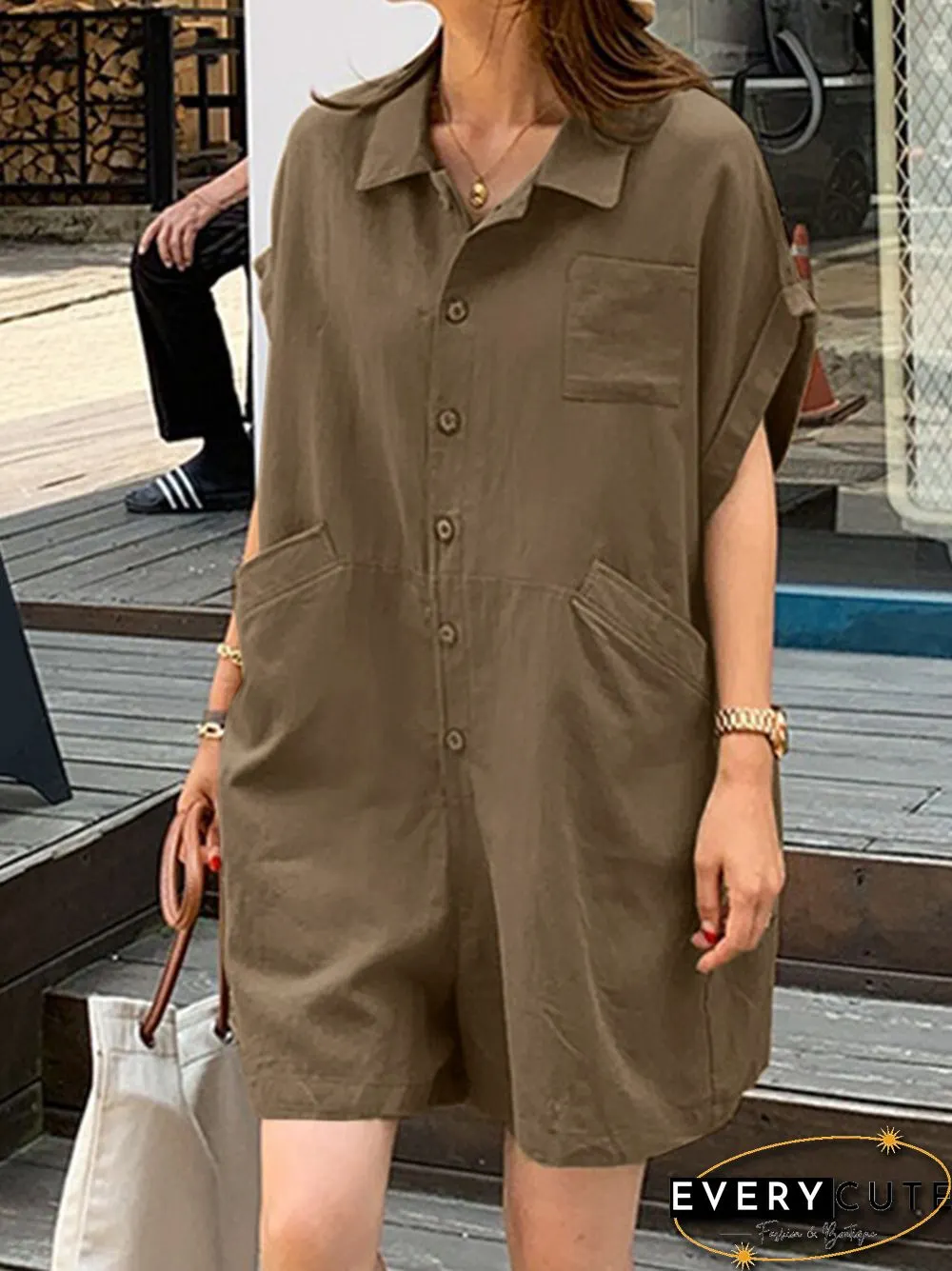 Solid Loose Pocket Button Lapel Short Sleeve Romper