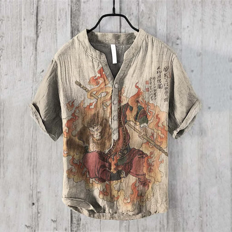 Men's Monkey Warrior Graphic Art Linen Blend Shirt