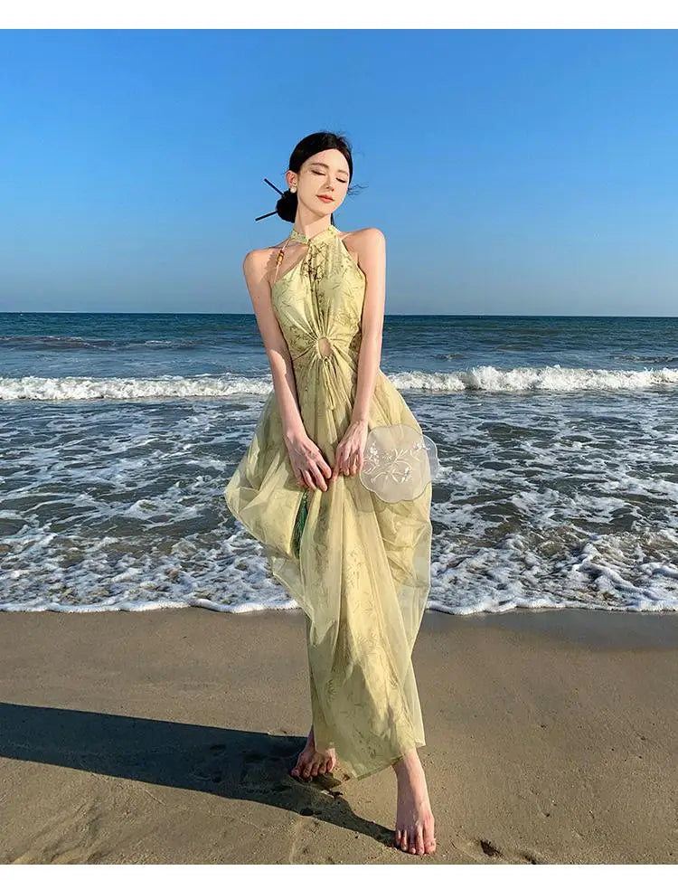 Aiertu Vintage Green Mesh Bamboo Print Sexy Sleeveless Elegant Slim Chinese Long Dress Summer Hollow Off Shoulder Pleated Dresses Boho Aiertu