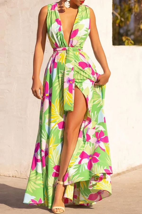 Floral Print Tropical Belted High Split Maxi Dress