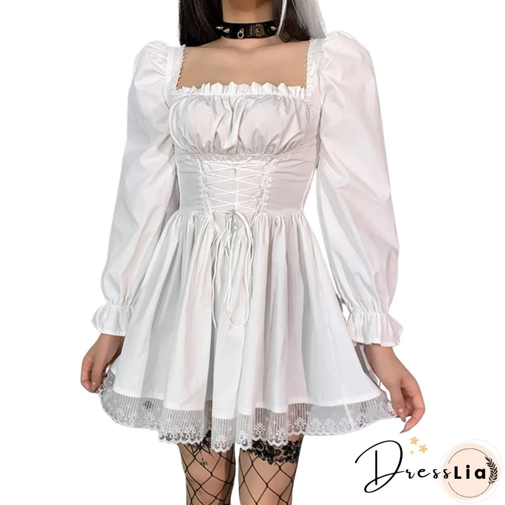 Gothic Lolita Square Collar Lace Up Corset Dresses Women Aesthetic Vintage A Line Dress Harajuku Punk Party Dresses