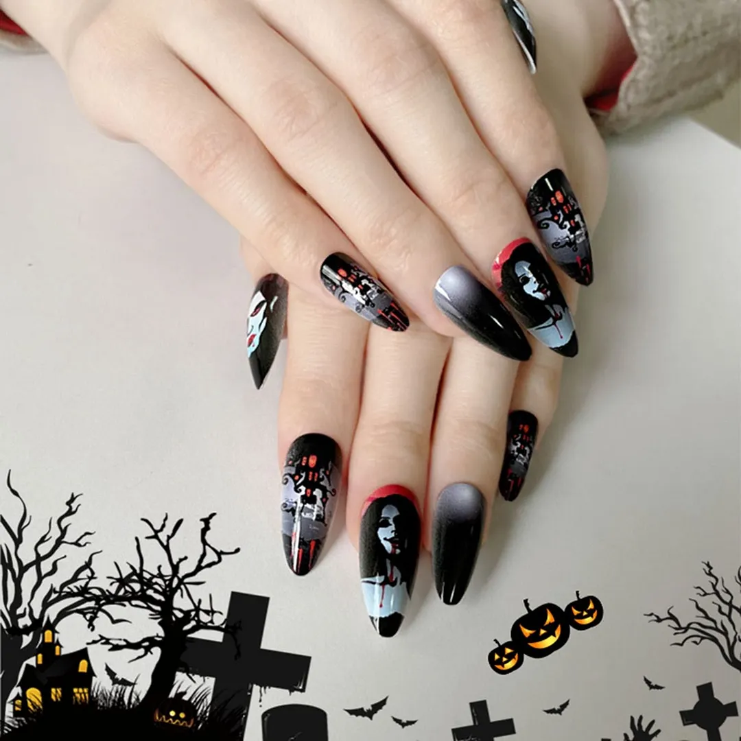 24Pcs Halloween Pattern Detachable Almond False Nails Medium-long Fake Nails Full Cover Nail Tips Press On Nails Manicure Tool