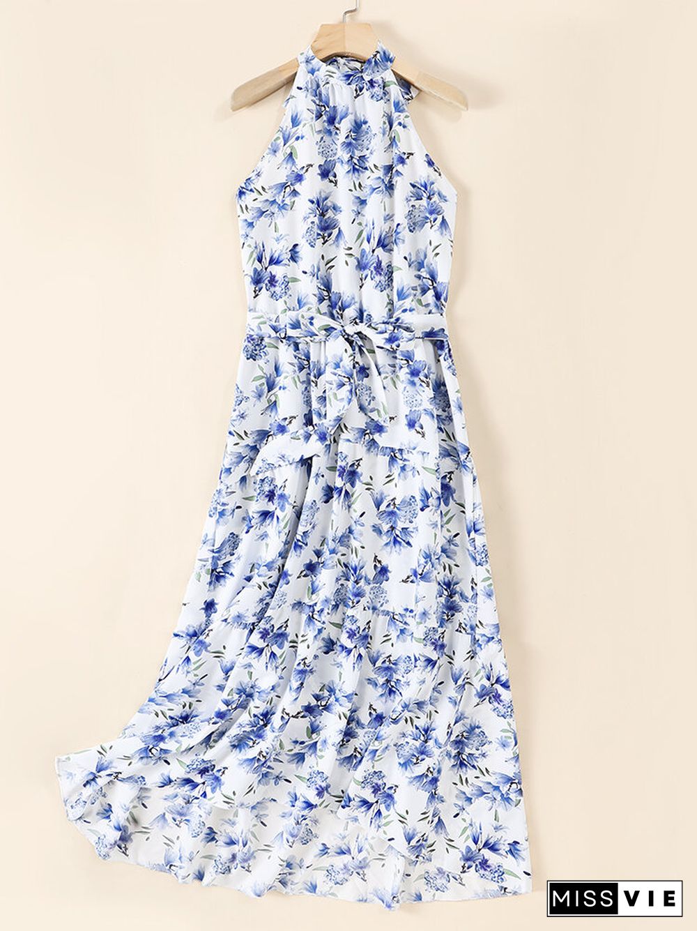 Flower Print Belt Self Tie Halter Open Back Maxi Dress