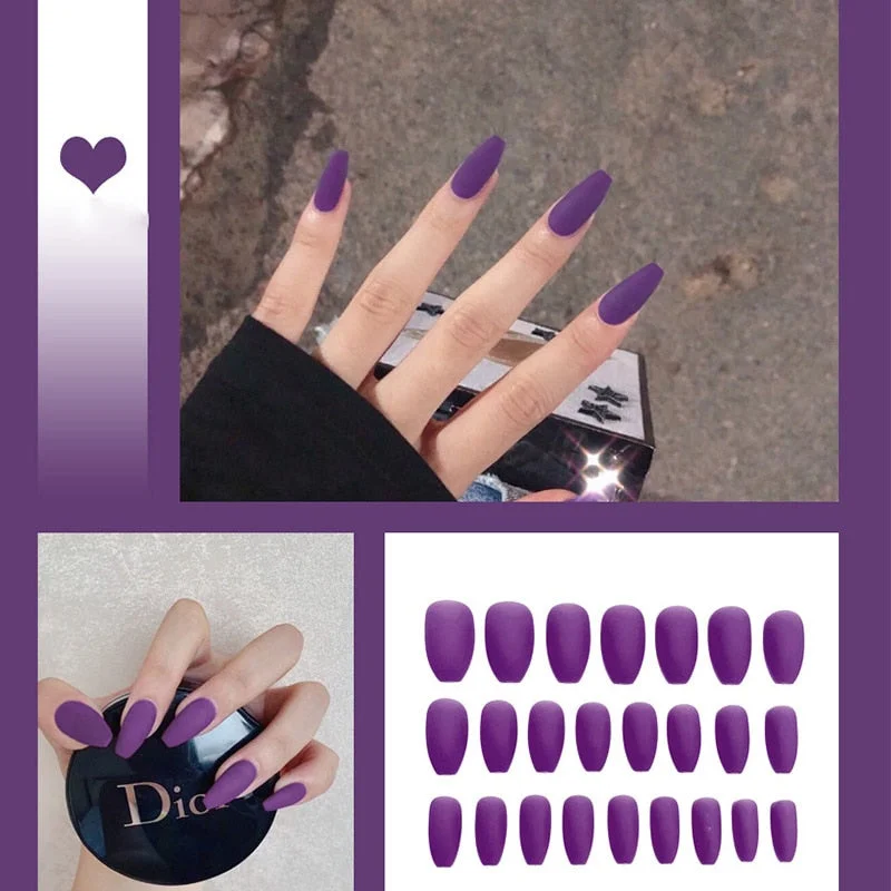 24pcs/box Full Cover fake Press on Nails Matte Yellow Pure Acrylic Frosted Ballerina acrylic for nails for Women free shipping-Nail Inspo